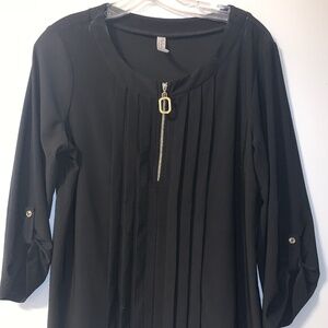 Per Seption Dressy Black Blouse Lg Gold Zipper 3/4 Sleeves, L